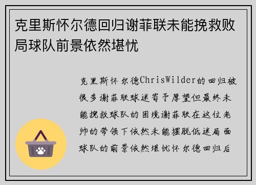 克里斯怀尔德回归谢菲联未能挽救败局球队前景依然堪忧 克里斯怀尔德回归谢菲联未能挽救败局球队前景依然堪忧