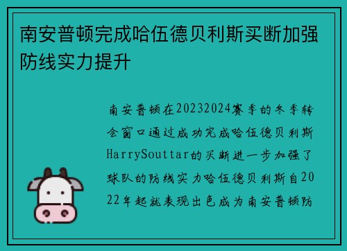 南安普顿完成哈伍德贝利斯买断加强防线实力提升