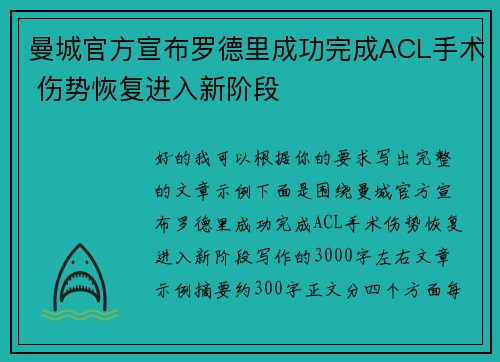 曼城官方宣布罗德里成功完成ACL手术 伤势恢复进入新阶段