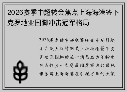 2026赛季中超转会焦点上海海港签下克罗地亚国脚冲击冠军格局